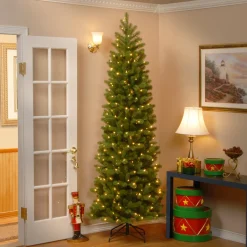 Slim-National Tree Company Pre-Lit 'Feel Real' Artificial Slim Downswept Christmas Tree, Green, Douglas Fir, White Lights, Includes Stand, 7.5 Feet