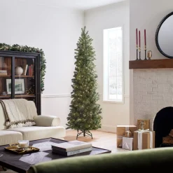 Slim-National Tree Company Pre-Lit 'Feel Real' Artificial Slim Downswept Christmas Tree, Green, Douglas Fir, White Lights, Includes Stand, 7.5 Feet