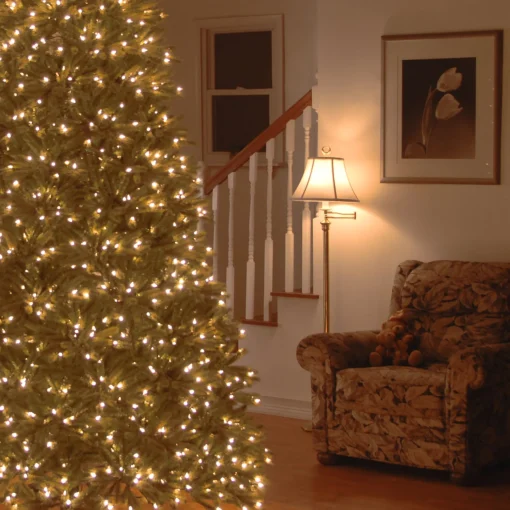 National Tree Company Slim^Pre-Lit 'Feel Real' Artificial Christmas Tree, Jersey Fraser Fir, Green, Dual Color Led Lights, Includes Stand, 9 Feet