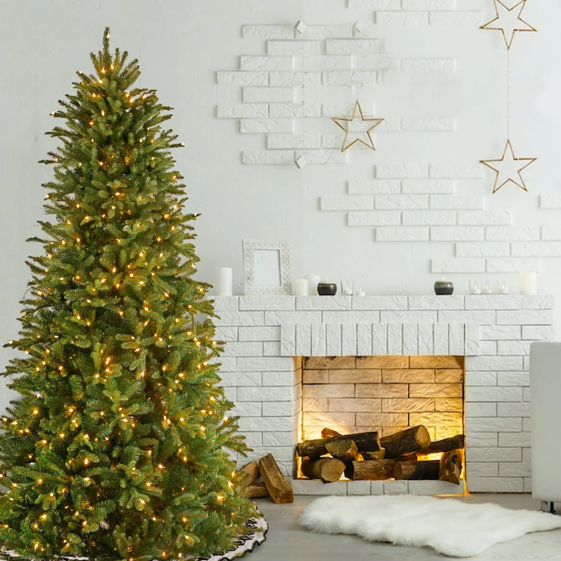 Slim-National Tree Company Pre-Lit 'Feel Real' Artificial Slim Christmas Tree, Green, Tiffany Fir, White Lights, Includes Stand, 6.5 Feet