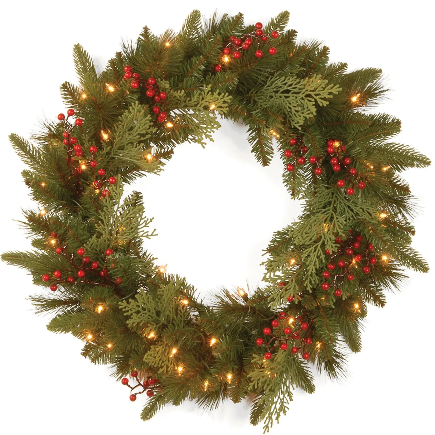 21" To 24" Wreath-National Tree Company Pre-Lit 'Feel Real' Artificial Christmas Wreath, Green, Classical, White Lights, Decorated With Berry Clusters, Christmas Collection, 24 Inches