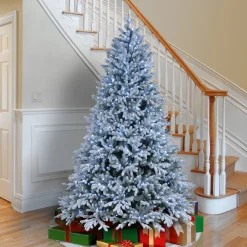 7Ft - 9Ft-National Tree Company Pre-Lit 'Feel Real' Artificial Christmas Tree, Snowy Hamilton Spruce, Green, White Lights, Includes Stand, 7.5 Feet