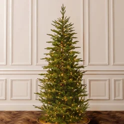 Slim-National Tree Company Pre-Lit 'Feel Real' Artificial Slim Christmas Tree, Green, Frasier Grande, White Lights, Includes Stand, 7.5 Feet