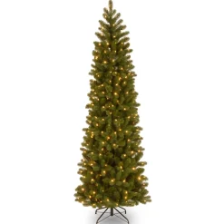 5Ft - 6Ft-National Tree Company Pre-Lit 'Feel Real' Artificial Slim Downswept Christmas Tree, Green, Douglas Fir, White Lights, Includes Stand, 6.5 Feet
