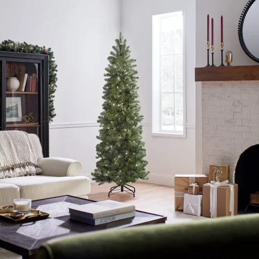 5Ft - 6Ft-National Tree Company Pre-Lit 'Feel Real' Artificial Slim Downswept Christmas Tree, Green, Douglas Fir, White Lights, Includes Stand, 6.5 Feet