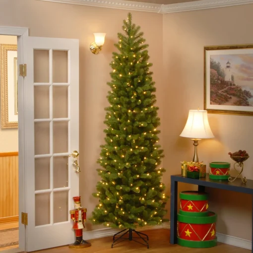 Slim-National Tree Company Pre-Lit 'Feel Real' Artificial Slim Downswept Christmas Tree, Green, Douglas Fir, White Lights, Includes Stand, 9 Feet
