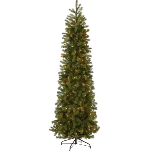 Slim-National Tree Company Pre-Lit 'Feel Real' Artificial Slim Downswept Christmas Tree, Green, Douglas Fir, White Lights, Includes Stand, 9 Feet