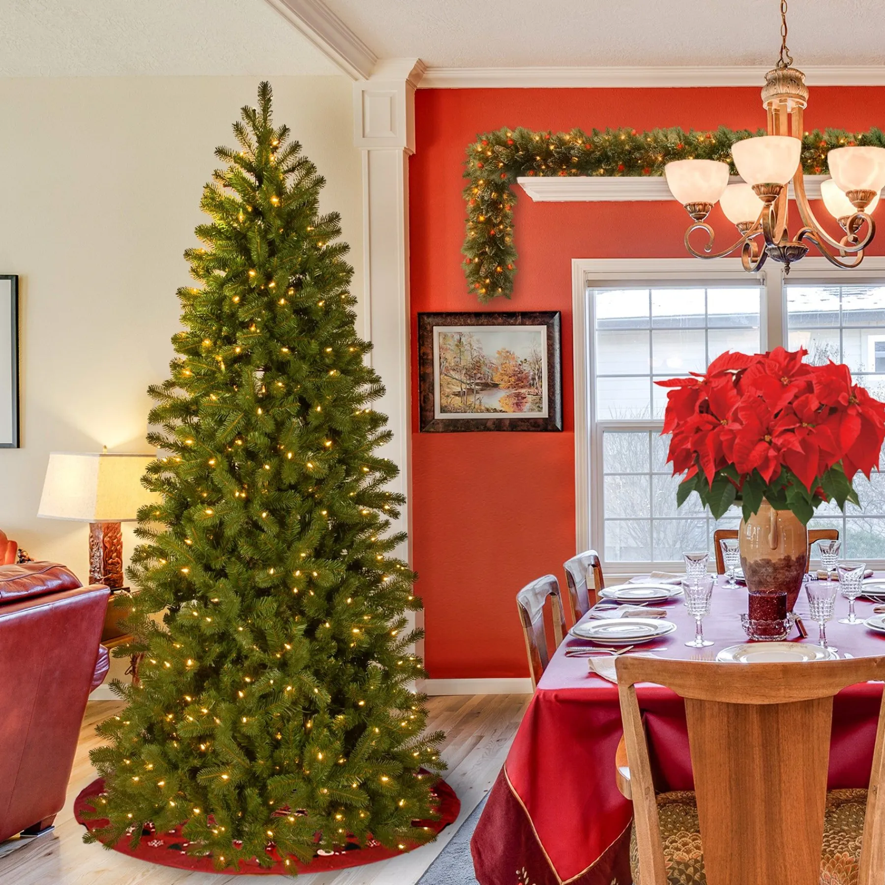 7Ft - 9Ft-National Tree Company Pre-Lit 'Feel Real' Artificial Slim Downswept Christmas Tree, Green, Douglas Fir, Dual Color Led Lights, Includes Powerconnect And Stand, 7 Feet