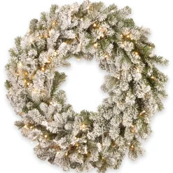 21" To 24" Wreath-National Tree Company Pre-Lit 'Feel Real' Artificial Christmas Wreath, Green, Snowy Sheffield Spruce, White Lights, Decorated With Frosted Branches, Christmas Collection, 24 Inches