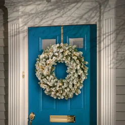 21" To 24" Wreath-National Tree Company Pre-Lit 'Feel Real' Artificial Christmas Wreath, Green, Snowy Sheffield Spruce, White Lights, Decorated With Frosted Branches, Christmas Collection, 24 Inches