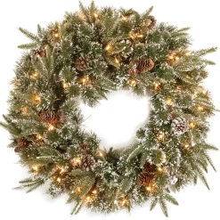 21" To 24" Wreath-National Tree Company Pre-Lit 'Feel Real' Artificial Christmas Wreath, Green, Liberty Pine, White Lights, Decorated With Frosted Branches, Pine Cones, Christmas Collection, 24 Inches