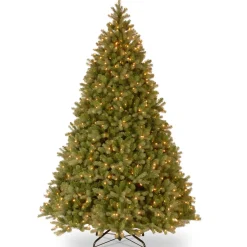 Full-National Tree Company Pre-Lit 'Feel Real' Artificial Full Downswept Christmas Tree, Green, Douglas Fir, White Lights, Includes Stand, 9 Feet