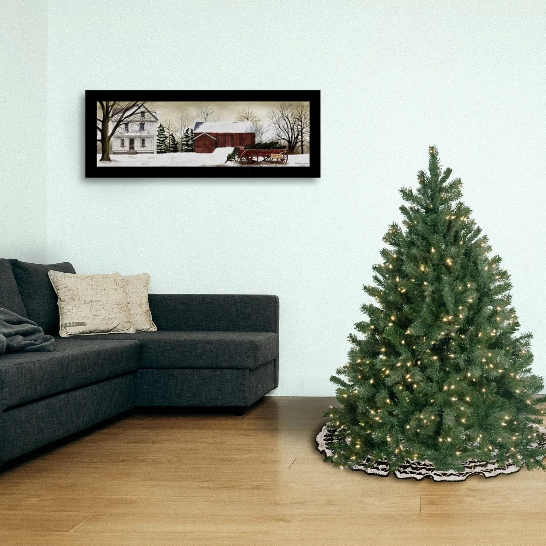 Clear-National Tree Company Pre-Lit 'Feel Real' Artificial Full Downswept Christmas Tree, Green, Douglas Blue Fir, White Lights, Includes Stand, 4.5 Feet