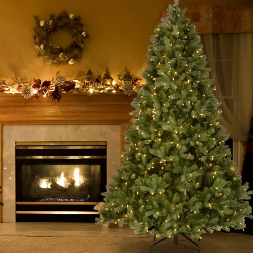 Full-National Tree Company Pre-Lit 'Feel Real' Artificial Full Downswept Christmas Tree, Green, Douglas Fir, White Lights, Includes Stand, 7.5 Feet