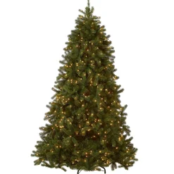 Full-National Tree Company Pre-Lit 'Feel Real' Artificial Full Downswept Christmas Tree, Green, Douglas Fir, White Lights, Includes Stand, 7.5 Feet