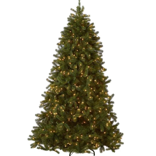 Full-National Tree Company Pre-Lit 'Feel Real' Artificial Full Downswept Christmas Tree, Green, Douglas Fir, White Lights, Includes Stand, 7.5 Feet