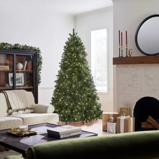 Full-National Tree Company Pre-Lit 'Feel Real' Artificial Full Downswept Christmas Tree, Green, Douglas Fir, White Lights, Includes Stand, 7.5 Feet
