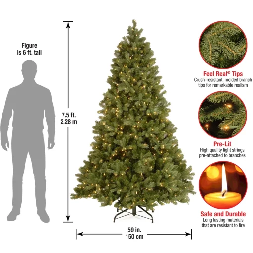 Full-National Tree Company Pre-Lit 'Feel Real' Artificial Full Downswept Christmas Tree, Green, Douglas Fir, White Lights, Includes Stand, 7.5 Feet