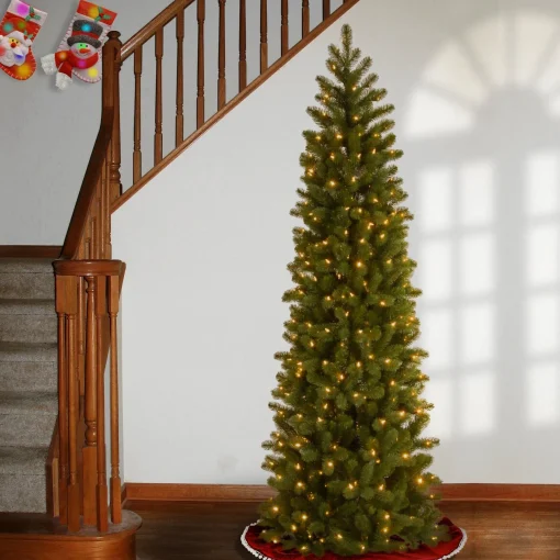 5Ft - 6Ft-National Tree Company Pre-Lit 'Feel Real' Artificial Slim Downswept Christmas Tree, Green, Douglas Fir, Dual Color Led Lights, Includes Stand, 6.5 Feet