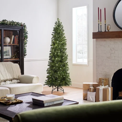 5Ft - 6Ft-National Tree Company Pre-Lit 'Feel Real' Artificial Slim Downswept Christmas Tree, Green, Douglas Fir, Dual Color Led Lights, Includes Stand, 6.5 Feet