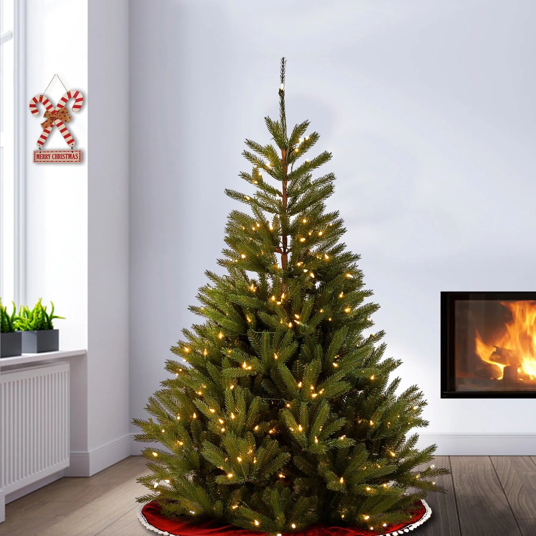 5Ft - 6Ft-National Tree Company Pre-Lit 'Feel Real' Artificial Christmas Tree, Topeka Spruce, Green, White Lights, Includes Stand, 6.5 Feet