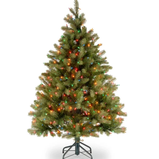 Multicolor-National Tree Company Pre-Lit 'Feel Real' Artificial Full Downswept Christmas Tree, Green, Douglas Fir, Multicolor Lights, Includes Stand, 4.5 Feet