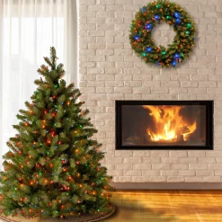 Multicolor-National Tree Company Pre-Lit 'Feel Real' Artificial Full Downswept Christmas Tree, Green, Douglas Fir, Multicolor Lights, Includes Stand, 4.5 Feet