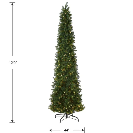 10Ft And Taller-National Tree Company Pre-Lit 'Feel Real' Artificial Giant Slim Downswept Christmas Tree, Green, Douglas Fir, Dual Color Led Lights, Includes Stand, 12 Feet