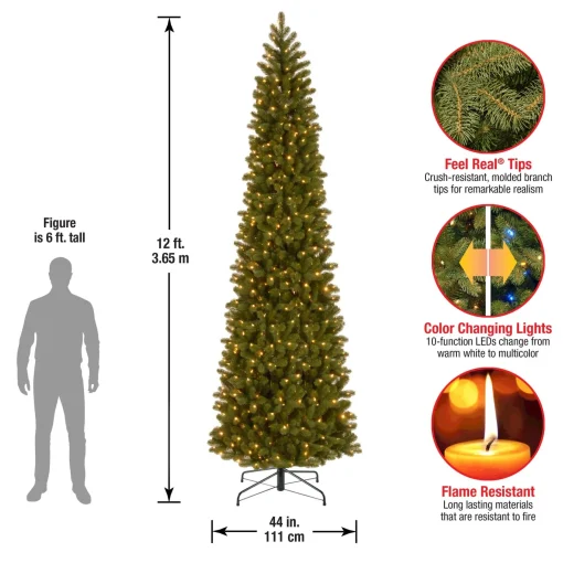 10Ft And Taller-National Tree Company Pre-Lit 'Feel Real' Artificial Giant Slim Downswept Christmas Tree, Green, Douglas Fir, Dual Color Led Lights, Includes Stand, 12 Feet