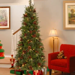 Slim-National Tree Company Pre-Lit 'Feel Real' Artificial Slim Christmas Tree, Colonial Fir, Green, White Lights, Includes Stand, 7.5 Feet