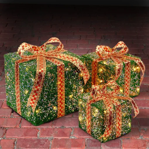 Christmas Accessories-National Tree Company Pre-Lit Green And Gold Gift Boxes, Set Of Three, White Lights, Christmas Collection