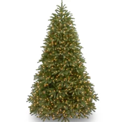 Full-National Tree Company Pre-Lit Medium Artificial Christmas Tree, Green, Jersey Fraser Fir, 'Feel Real', White Lights, Includes Stand, 7.5 Feet