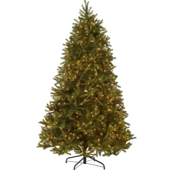 Full-National Tree Company Pre-Lit Medium Artificial Christmas Tree, Green, Jersey Fraser Fir, 'Feel Real', White Lights, Includes Stand, 7.5 Feet