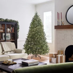 Full-National Tree Company Pre-Lit Medium Artificial Christmas Tree, Green, Jersey Fraser Fir, 'Feel Real', White Lights, Includes Stand, 7.5 Feet