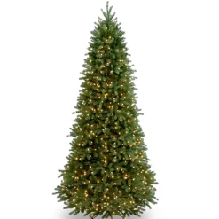 Slim-National Tree Company Pre-Lit Slim Artificial Christmas Tree, Green, Jersey Fraser Fir, 'Feel Real', White Lights, Includes Stand, 9 Feet
