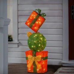 Christmas Accessories-National Tree Company Pre-Lit Stack Of Red And Green Gift Boxes Decoration, White Lights, Battery Operated, Christmas Collection, 33 Inches