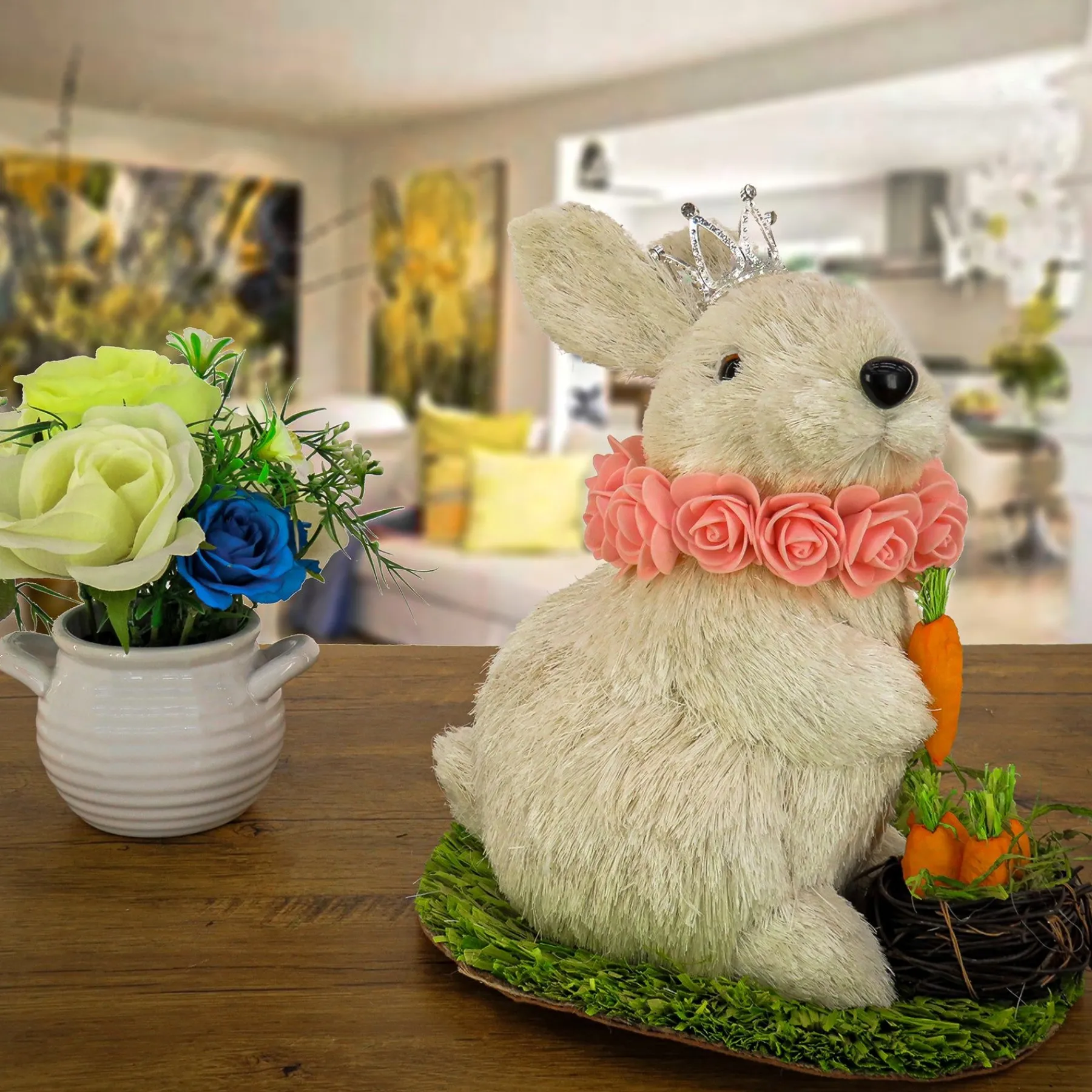Easter Table Decor-National Tree Company White Bunny With Carrots Table Decoration, Easter Collection, 12 Inches